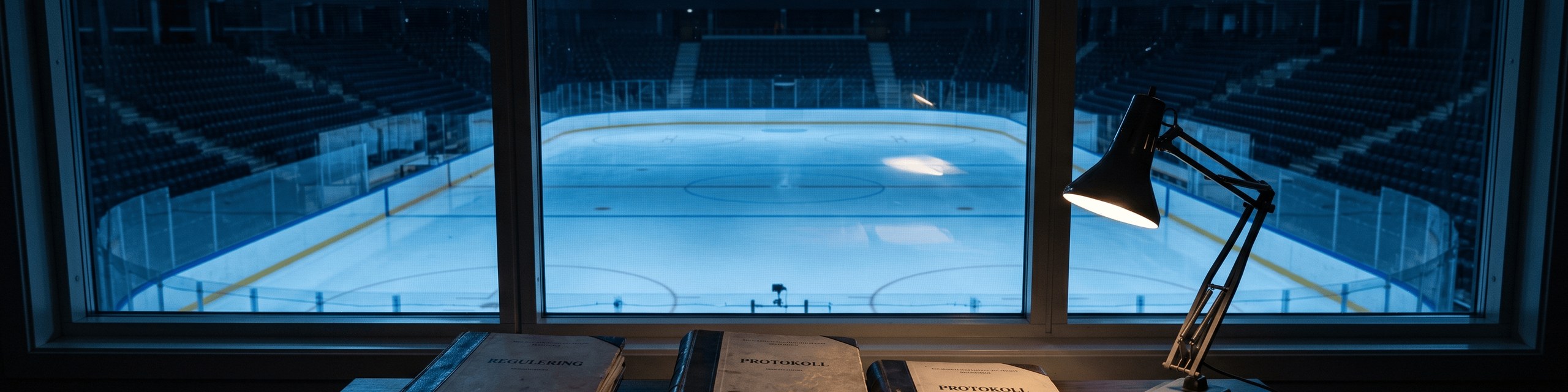 Tom ishockeyarena sett gjennom et vindu, med regelverk og protokoller på et skrivebord i forgrunnen